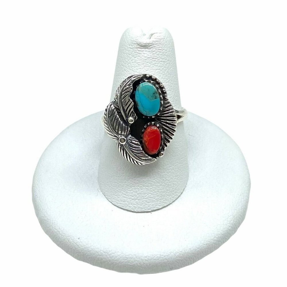 Turquoise Coral Ring 925 Sterling Silver Boho - Picture 2 of 5